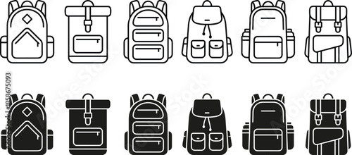 Backpack icons set, school bags, travel backpacks, hiking rucksacks, student luggage symbols, outdoor education concept, black outline solid vector illustration