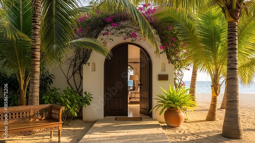 Serene beachside entrance with palm trees and flowers