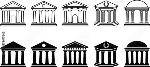Classical government and institutional building icons set, courthouse bank museum temple architecture symbols, neoclassical facades, black outline solid vector illustration