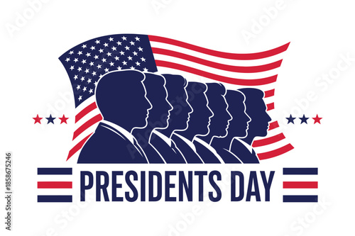 Patriotic presidents day design featuring silhouettes of leaders and the united states flag