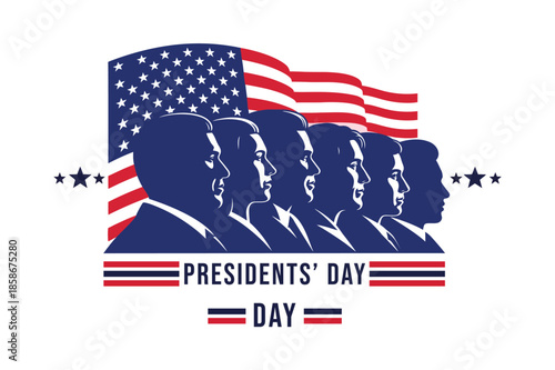 Patriotic presidents day design featuring silhouettes of leaders and the united states flag