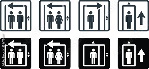 Elevator lift direction icons set, people inside cabin, left right up arrows, building navigation symbols, black outline solid vector illustration