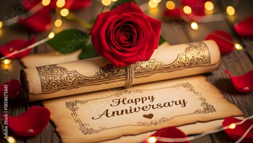 Romantic anniversary greeting card featuring a single perfect red rose resting atop an aged scroll with fairy lights in the background setting a warm tone.