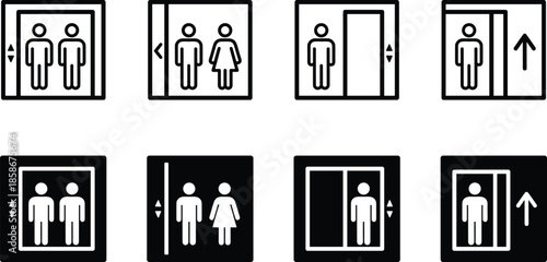Elevator lift icons set, people inside elevator cabin, up down arrows, public building transportation symbols, 
