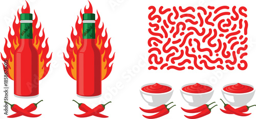 Hot sauce bottles with flames, chili peppers, spicy paste bowls and pepper pattern vector set for food design