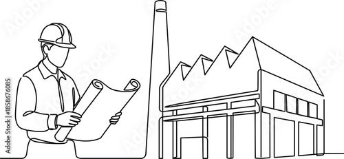 Industrial engineer with blueprint illustration, factory building inspection, manufacturing planning, construction safety concept, technical workflow, black outline vector art