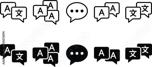 Language translation chat icons set, multilingual speech bubbles, communication symbols, localization messaging concept, black outline solid vector illustration