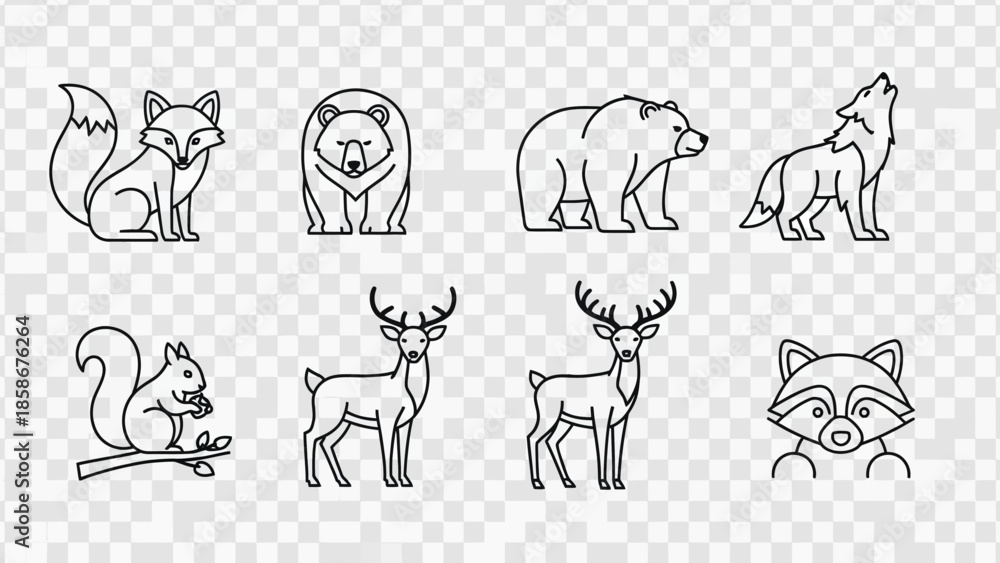 Obraz premium Collection of eight outline icons of wild forest animals including fox, bear, wolf, squirrel, deer, and raccoon, rendered in a line art style
