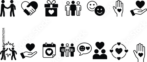 Love and social care icons set, community support, friendship, kindness, charity symbols, human connection concept, black solid vector illustration