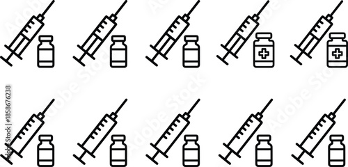 Medical syringe and vaccine vial icons set, injection vaccination healthcare symbols, hospital medicine concept, black outline vector illustration isolated design