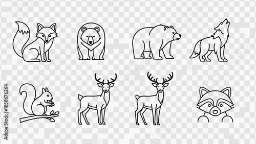 Collection of eight outline icons of wild forest animals including fox, bear, wolf, squirrel, deer, and raccoon, rendered in a line art style