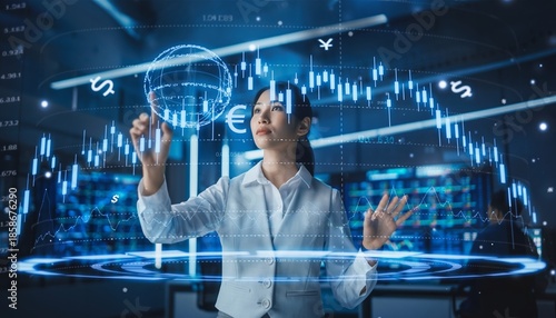 AI finance business data analysis digital technology investment trading market stock, financial analyst using advanced holographic interface for global market insight, smart investment strategy