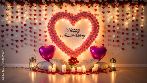 Elaborate romantic anniversary decoration featuring a large glowing heart made of pink roses and hanging red heart cutouts providing a warm ambiance