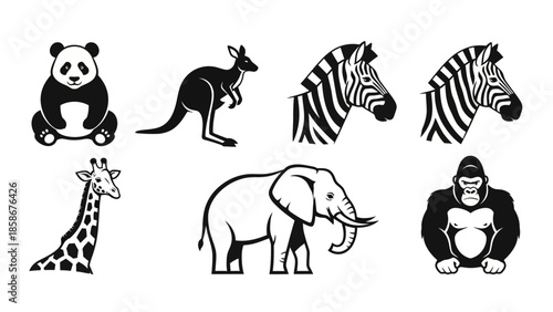 Savanna animal set with panda kangaroo and zebra illustrations including giraffe elephant and gorilla graphics professional wildlife collection on white background for zoo and nature education
