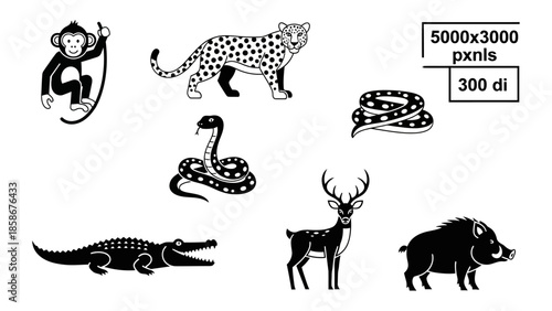 Jungle animal collection with monkey leopard and crocodile illustrations set including snakes deer and wild boar on white background professional wildlife vector clip art for nature design projects