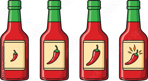 Hot sauce bottle vector collection with chili pepper labels, spicy food condiment design for restaurant and cooking illustrations