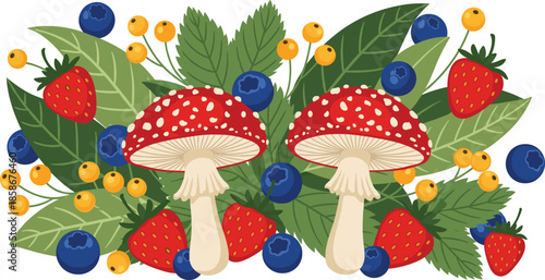 Forest mushrooms with berries and leaves vector illustration, colorful woodland nature composition for botanical and decorative design