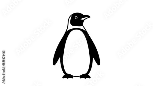 Simple black and white vector silhouette illustration of an emperor penguin standing upright viewed from side profile isolated on a plain white background