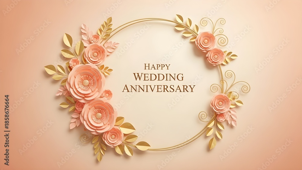 Naklejka premium Elegant papercraft floral wreath frames the heartfelt message celebrating a beautiful and loving wedding anniversary occasion with delicate artistry