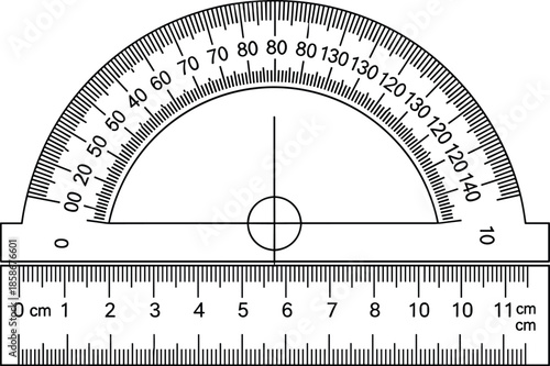 Protractor ruler measurement illustration, angle gauge and centimeter scale, geometry math tool, precision education instrument, technical black outline vector design