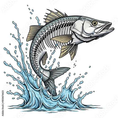 Jumping snook fish skeleton with blue water splash vector illustration