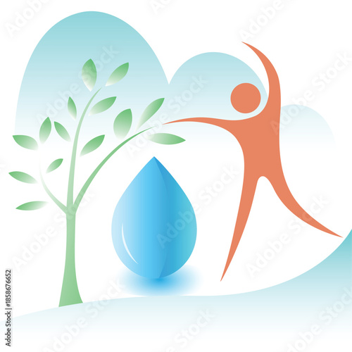 A clean, modern illustration symbolizing “water is life,” showing a water drop connecting a human figure and a growing plant, representing sustainability, harmony, and the vital link between people, n