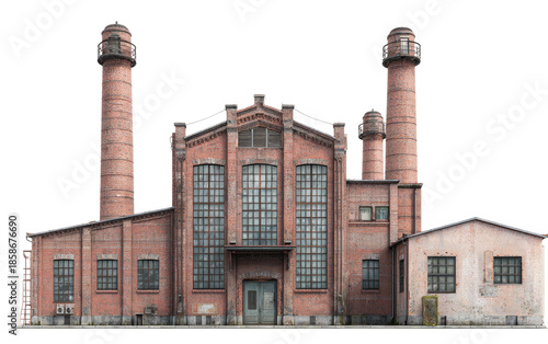 Old brick factory facade with tall chimneys