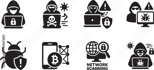 Hacker glyph icon set with cyber attack, hacking, bugs and network scanning symbols. Solid vector EPS.