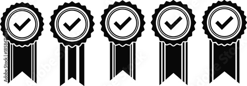 Certification badge vector set with checkmark icons, approval ribbons and quality guarantee symbols for achievement and award design