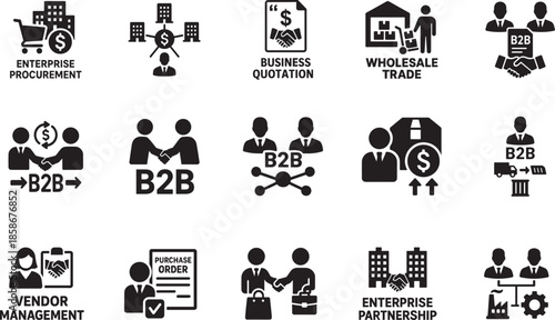 B2B solid icon set for business to business, suppliers, vendors, supply chain and transactions. Vector EPS.