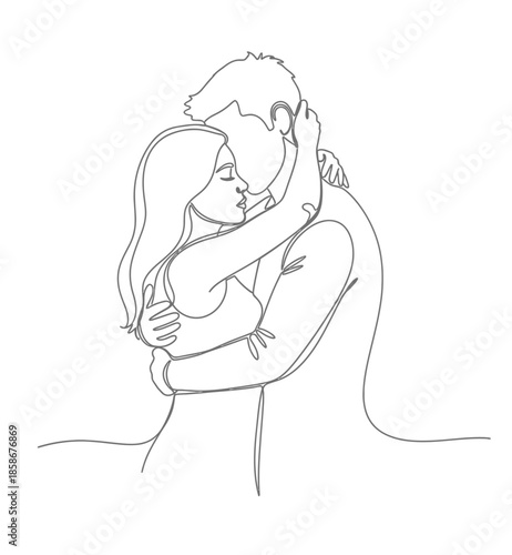 A romantic minimalist line art drawing of a couple embracing and about to kiss Vector