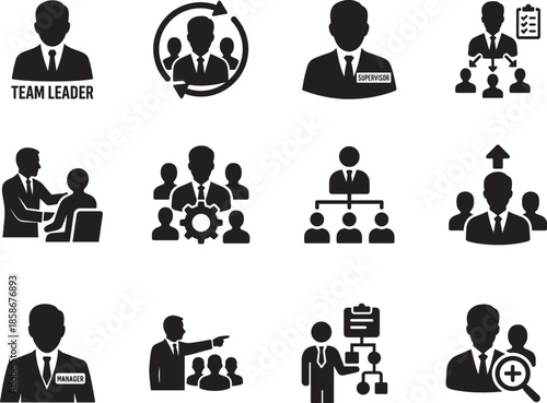Manager solid icon set with leadership, hiring, coaching, teamwork and delegation symbols. Editable vector EPS.