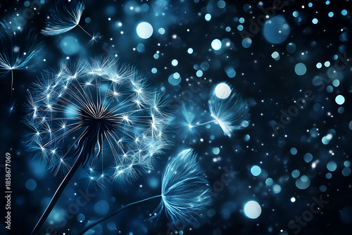 Abstract Magical Blue Dandelion Seeds with Glowing Bokeh Particles Background