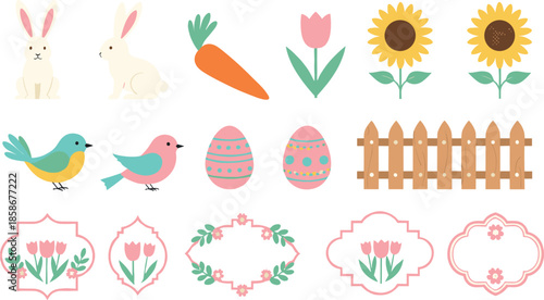 Spring and Easter vector set with bunnies, eggs, flowers, birds, carrot and decorative frames for seasonal design