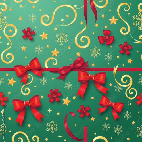 Festive green background with red bows golden swirls stars and snowflake patterns