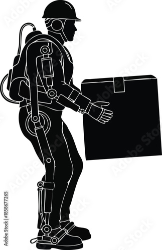 Exoskeleton illustration. Worker in hard hat wearing powered suit. Industrial augmentation.