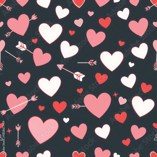 A seamless pattern of pink red and white hearts with cupid s arrows