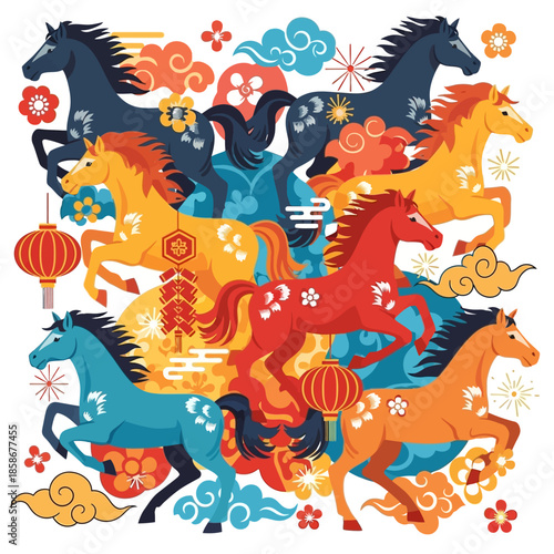 Vibrant illustration of stylized horses amidst traditional cultural festive elements, lanterns, and auspicious clouds.