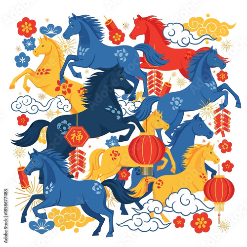Lively illustration of a spirited horse herd galloping through a vibrant cultural celebration with traditional lanterns and fireworks.
