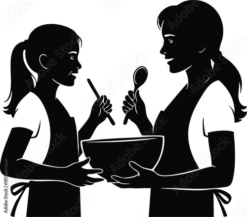 Female Cook Illustration. Woman mixing food in bowl with spoon. Culinary concept.