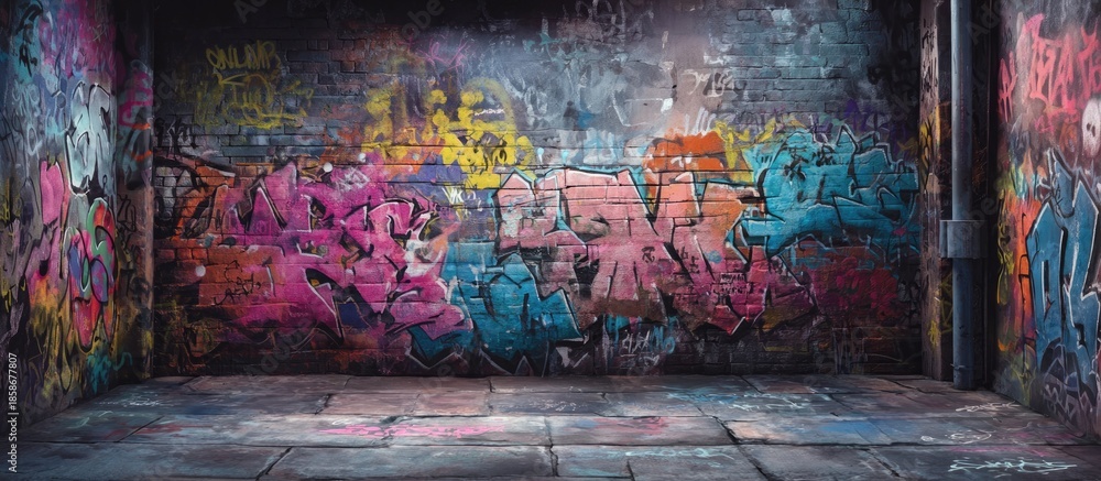 Fototapeta premium Graffiti-covered brick wall in a grungy urban corner setting