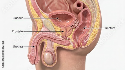 Sagittal view illustrating the male pelvic anatomy, including the bladder, prostate, urethra, penis, scrotum, and rectum.
