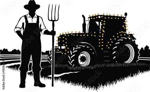 Festive Tractor Illustration: Decorated vehicle, farm scenery, rural holiday scene.
