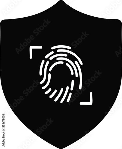 Fingerprint ID on Shield: Verification and Protection. Biometric data security concept.