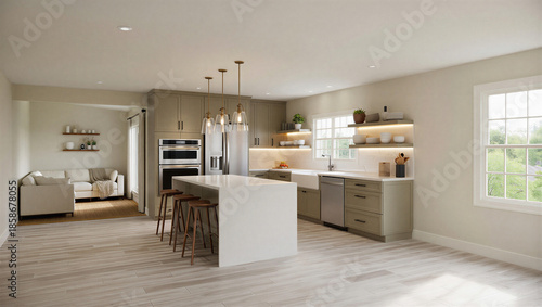 Modern kitchen interior with island and large window