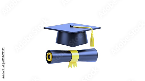 Graduation Cap and Diploma on White Background