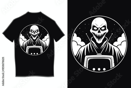 Print A sinister skull creature with sharp teeth and glowing eyes watches a retro television set