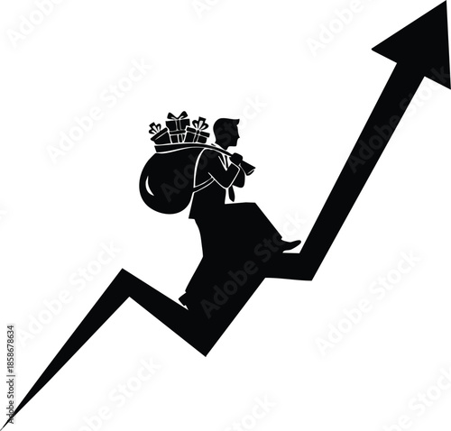 Illustration: Gift Bag on Growth Arrow. Businessman carrying gifts on graph. Business Success.