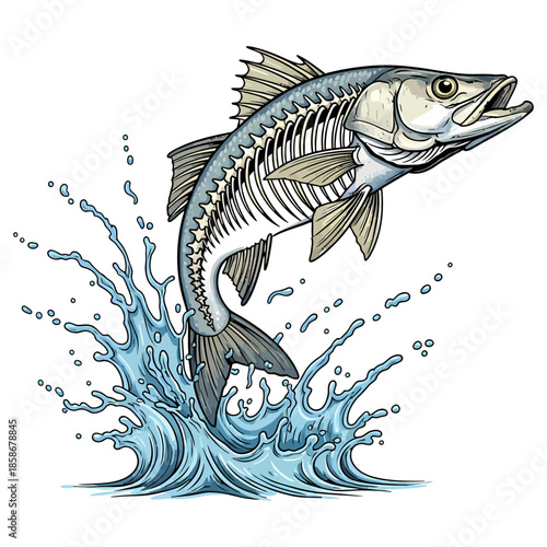 Jumping snook fish skeleton with blue water splash vector illustration