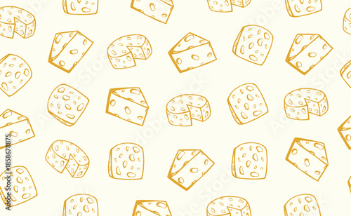 Hand drawn italian food pattern in doodle style. Cheese pieces in quirky crayon style. Italy ingredient, cheese chunk, mediterranean dinner element for pasta, menu. Minimal doodle sketch. Vector illus